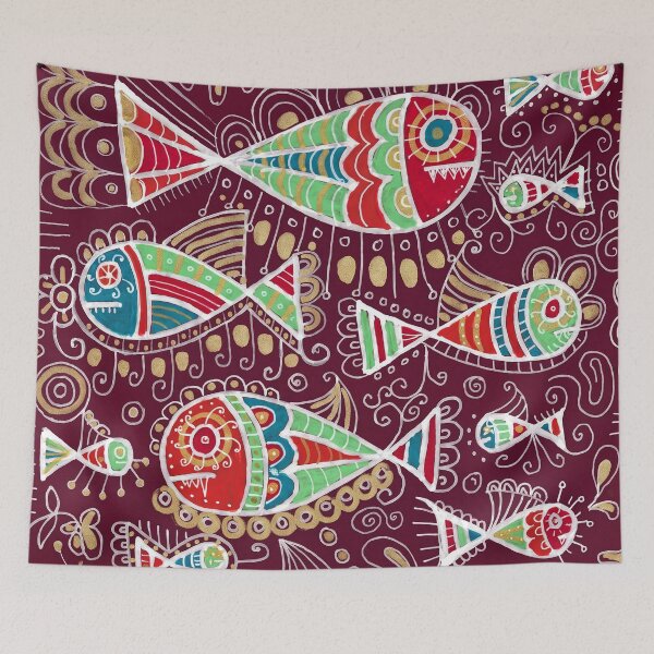 Item preview, Folk Fish Shoal in Wine Red designed and sold by Fani*.