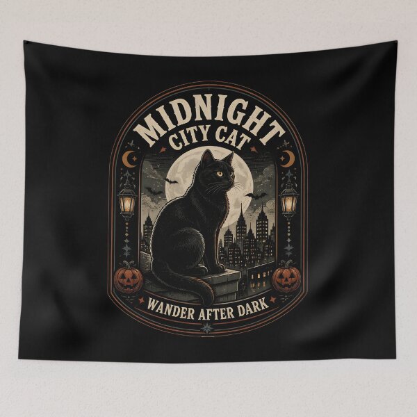 Item preview, Midnight City Cat Black Cat Halloween Retro Screen Print designed and sold by OliviaHayesArt.