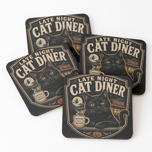 Item preview, Late Night Cat Diner Black Cat Halloween Retro Screen Print designed and sold by OliviaHayesArt.