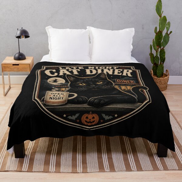 Item preview, Late Night Cat Diner Black Cat Halloween Retro Screen Print designed and sold by OliviaHayesArt.