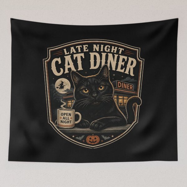 Item preview, Late Night Cat Diner Black Cat Halloween Retro Screen Print designed and sold by OliviaHayesArt.