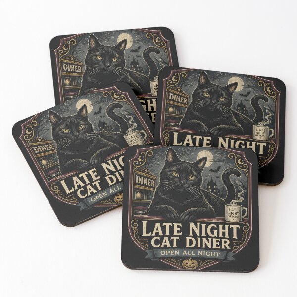Item preview, Late Night Cat Diner Black Cat Halloween Gothic Engraving designed and sold by OliviaHayesArt.
