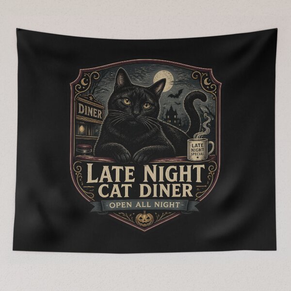 Item preview, Late Night Cat Diner Black Cat Halloween Gothic Engraving designed and sold by OliviaHayesArt.