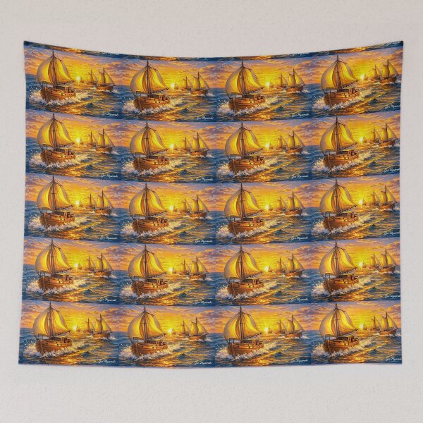 Item preview, Wooden Sailboats at Sunrise – Hyper‑Digital Ocean Cartoon Art designed and sold by The Art Queen Of Michigan .