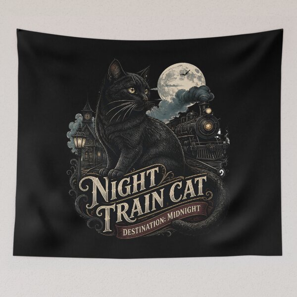 Item preview, Night Train Cat Black Cat Halloween Gothic Engraving designed and sold by OliviaHayesArt.