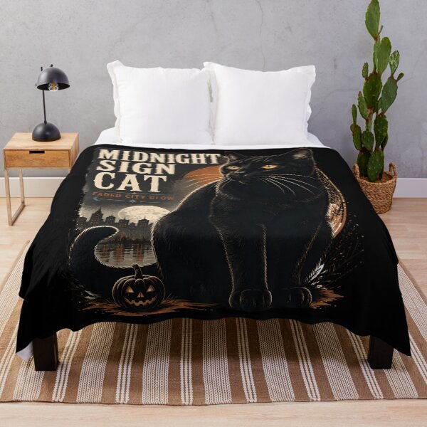 Item preview, Midnight Sign Cat Black Cat Halloween Retro Screen Print designed and sold by OliviaHayesArt.