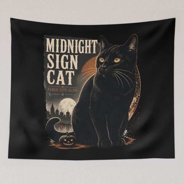 Item preview, Midnight Sign Cat Black Cat Halloween Retro Screen Print designed and sold by OliviaHayesArt.