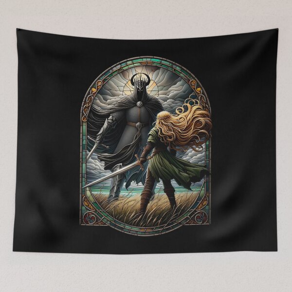 Item preview, Epic Duel in Stained Glass - A Fierce Maiden and a Dark Wraith Fantasy designed and sold by lynnewilmer.