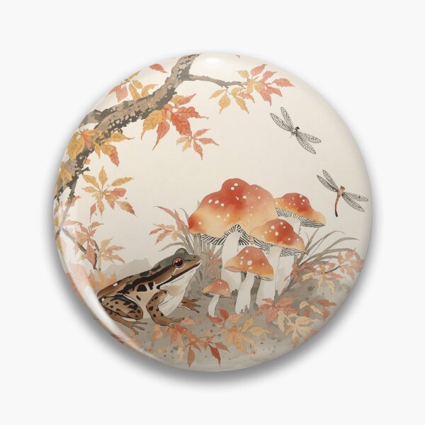 Item preview, Frog, Mushrooms & Dragonflies — Round Nihonga Autumn Art designed and sold by derideriworks.
