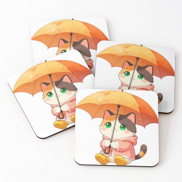 Item preview, Cute Calico Kitten in Peach Raincoat with Maple Leaf Umbrella designed and sold by pumsquare.