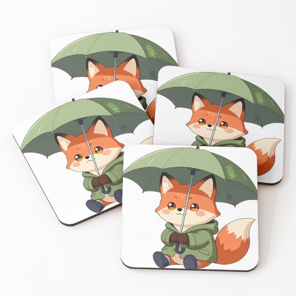 Item preview, Cute Red Fox in Olive Raincoat with Autumn Fern Umbrella designed and sold by pumsquare.