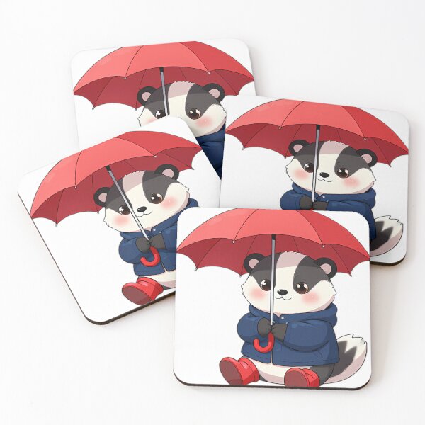 Item preview, Cute Badger Cub in Navy Slicker with Red Oak Leaf Umbrella designed and sold by pumsquare.