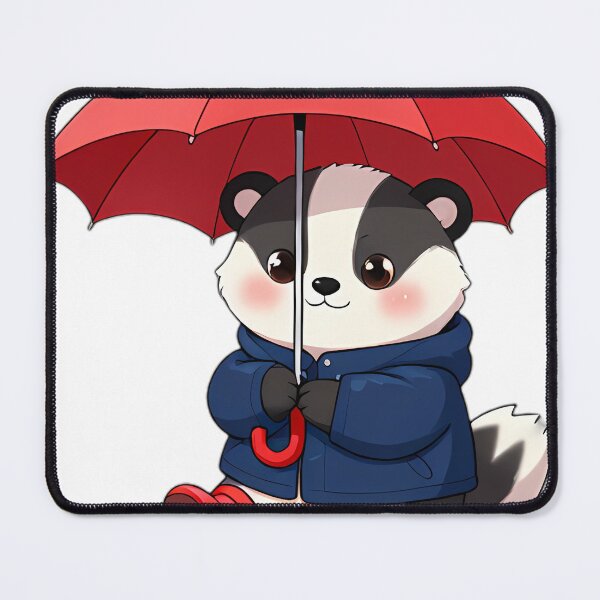 Item preview, Cute Badger Cub in Navy Slicker with Red Oak Leaf Umbrella designed and sold by pumsquare.