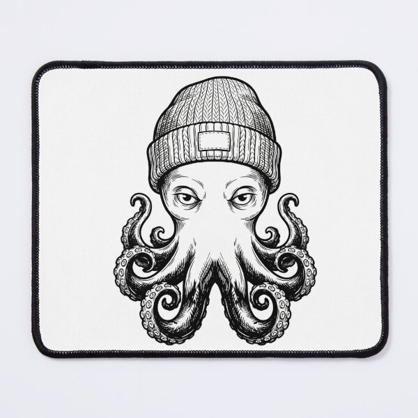 Item preview, Octopus Wearing Beanie Black and White Ink Drawing designed and sold by VioletNance.