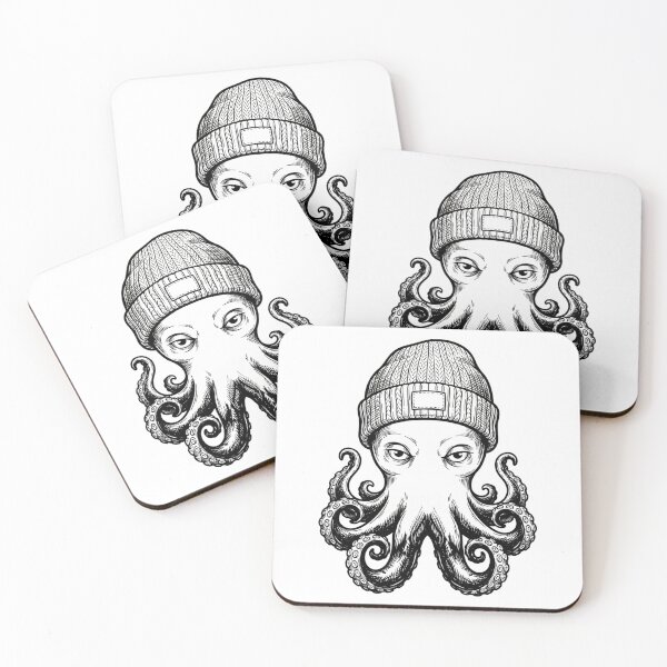Item preview, Octopus Wearing Beanie Black and White Ink Drawing designed and sold by VioletNance.