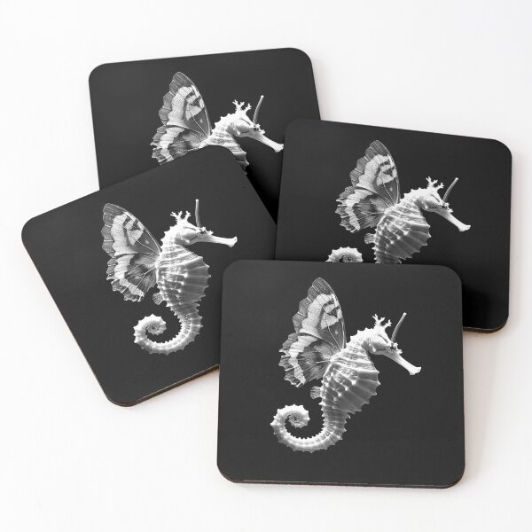 Item preview, Surreal Seahorse Butterfly Wings Ocean Fantasy Monochrome Art designed and sold by inkoutninja.
