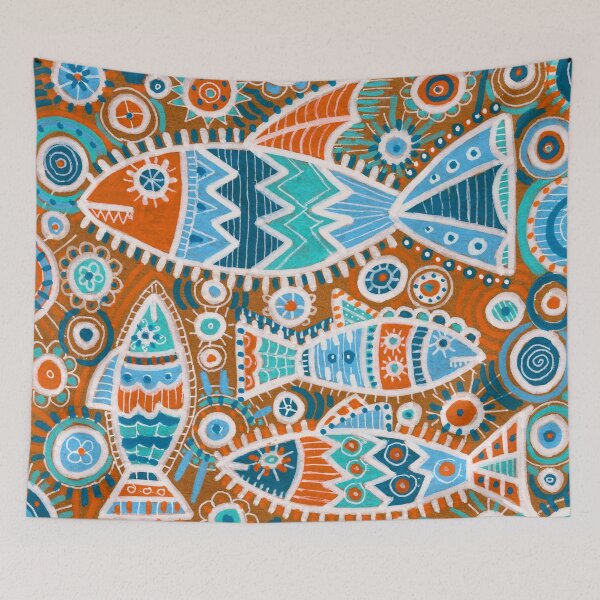 Item preview, Folk Fish Pattern in Blue and Rust designed and sold by Fani*.
