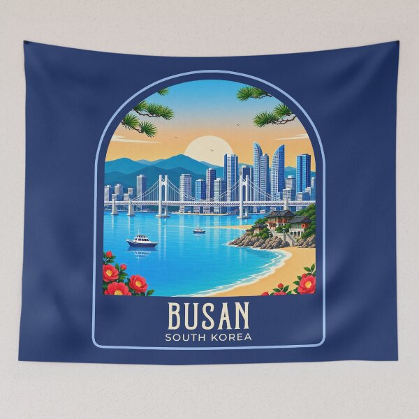 Item preview, Busan Vintage Travel Illustration designed and sold by HomeLivingCo.