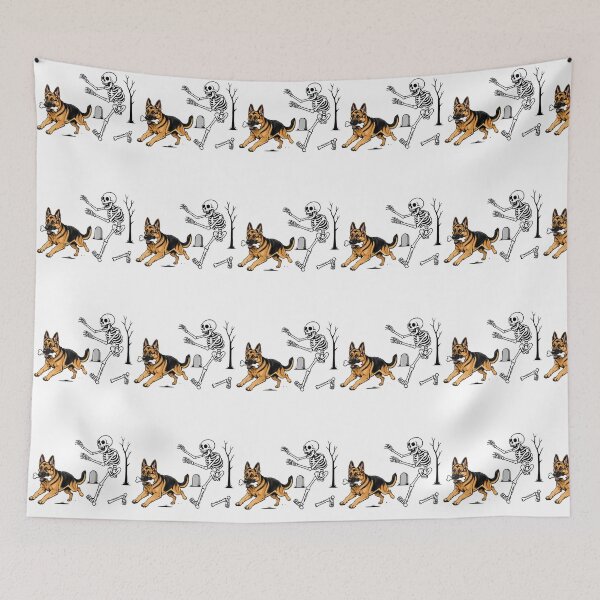 Item preview, German Shepherd Dog Stealing Bone From Skeleton Halloween designed and sold by snailslowdance.
