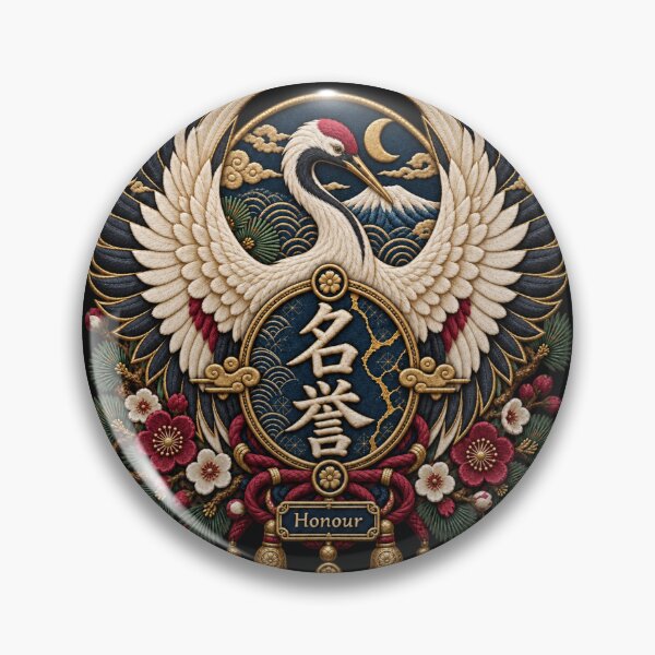 Item preview, Japanese Crane Embroidery – Honour Kanji Floral Crest Art designed and sold by Emoji Emblems.
