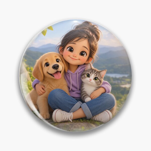 Item preview, cute 3D animated-style girl sitting outdoors with a golden retriever puppy and a gray-and-white kitten. designed and sold by Dewdropsshopee.