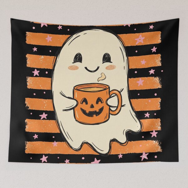 Item preview, Cute Ghost Drinking Coffee Pumpkin Mug Spooky Season designed and sold by seven things shop.