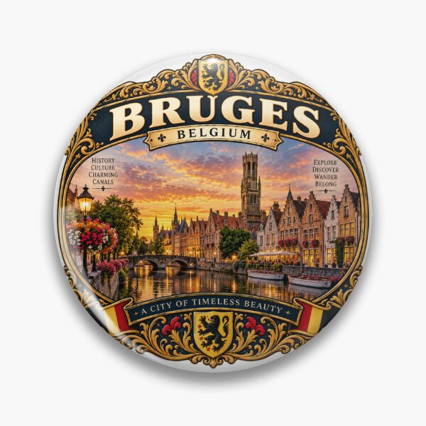 Item preview, Bruges Belgium Vintage Travel Badge – Medieval Canal Retro Souvenir designed and sold by DreamPaw Studio.