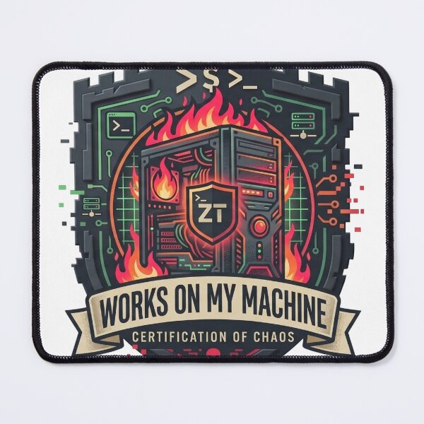 Item preview, Works On My Machine Certification of Chaos Developer DevOps SRE Badge designed and sold by TechNexusPrints.