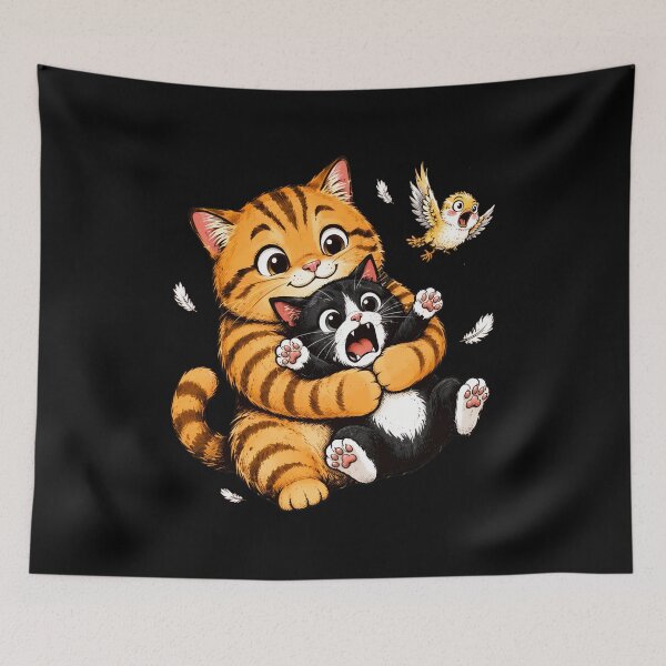 Item preview, Playful Cats Hugging with Bird and Feathers designed and sold by Dmo3HarkoArt.