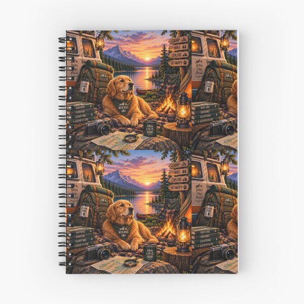 Item preview, Golden Retriever Camping Mountain Lake Sunset Illustration designed and sold by lovepower.
