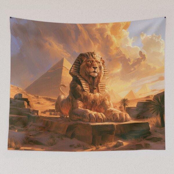 Aperçu de l'œuvre Un sphinx majestueux se reposant dans un désert avec des pyramides, des créatures fantastiques et mythologiques créée et vendue par CDC40.