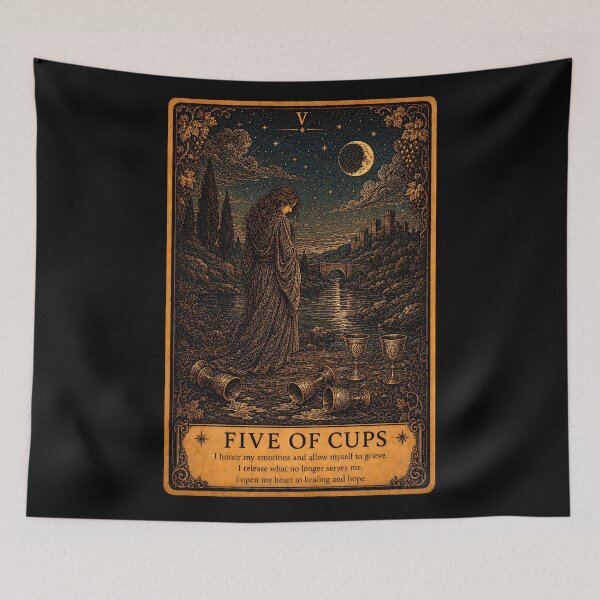 Item preview, Five of Cups Tarot Card - Grief & Emotional Healing Illustration designed and sold by ArcanaAbsolute.