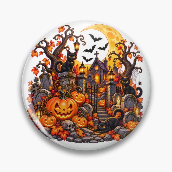 Item preview, Moonlit Halloween Graveyard – Midnight Cats, Pumpkins & Haunted Chapel designed and sold by Clothes With Smiling Animals Walt Gral.