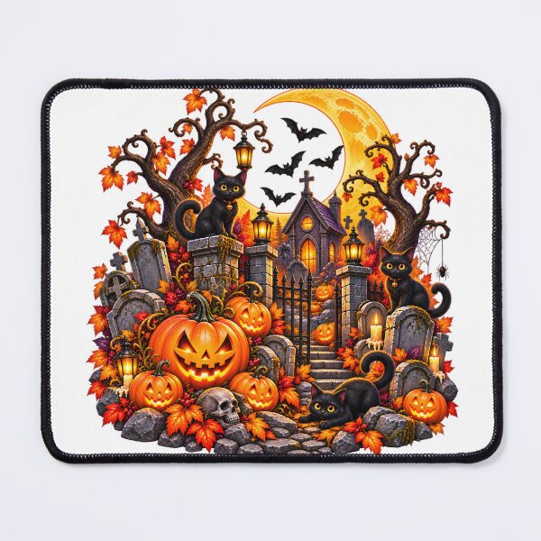 Item preview, Moonlit Halloween Graveyard – Midnight Cats, Pumpkins & Haunted Chapel designed and sold by Clothes With Smiling Animals Walt Gral.