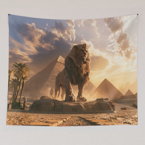 Aperçu de l'œuvre Un sphinx majestueux se reposant dans un désert avec des pyramides, des créatures fantastiques et mythologiques créée et vendue par CDC40.