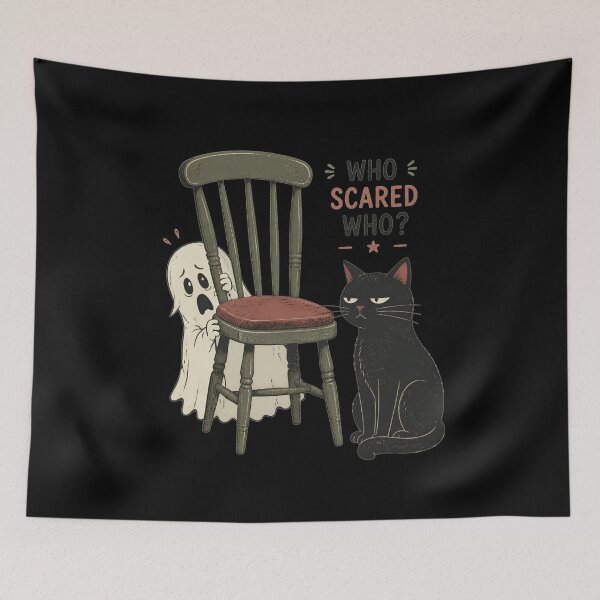 Item preview, Who Scared Who? – Ghost and Black Cat Halloween Humor designed and sold by CalmDownZone ⭐️⭐️⭐️⭐️⭐️.
