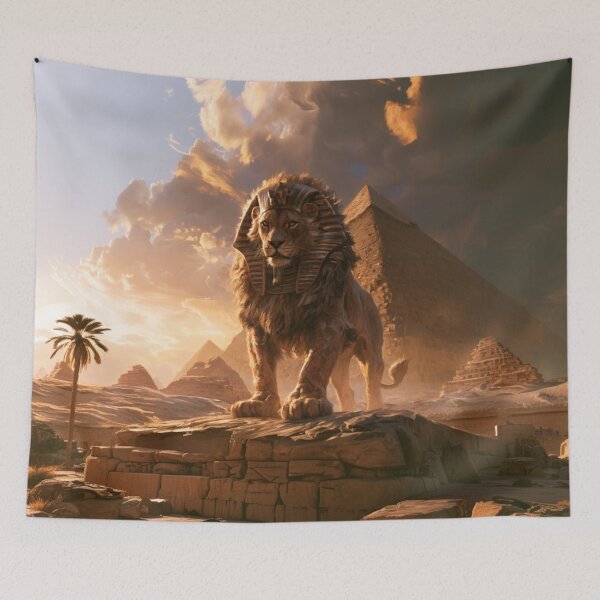 Aperçu de l'œuvre Un sphinx majestueux se reposant dans un désert avec des pyramides, des créatures fantastiques et mythologiques créée et vendue par CDC40.