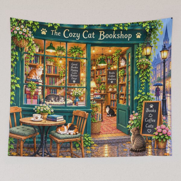 Item preview, Cozy Cat Bookshop in the Rain – Books Coffee and Cats designed and sold by CreativeCharmCo.