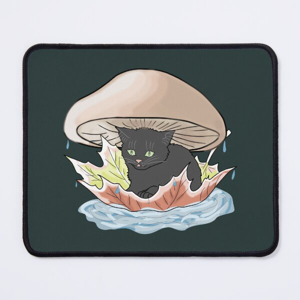 Item preview, Cat Under Mushroom in Rain Hand Drawn Cottagecore Kitten designed and sold by LeshanArt.