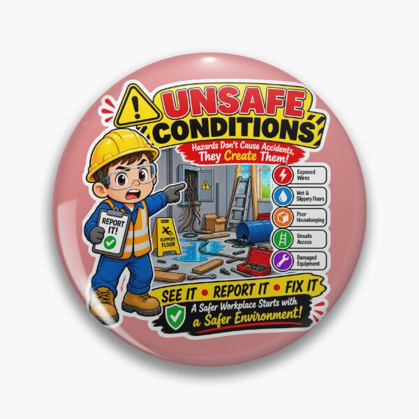 Item preview, Unsafe Conditions Safety Sticker – See It Report It Fix It | Workplace Hazard Awareness PPE Cartoon designed and sold by vinothmech53.