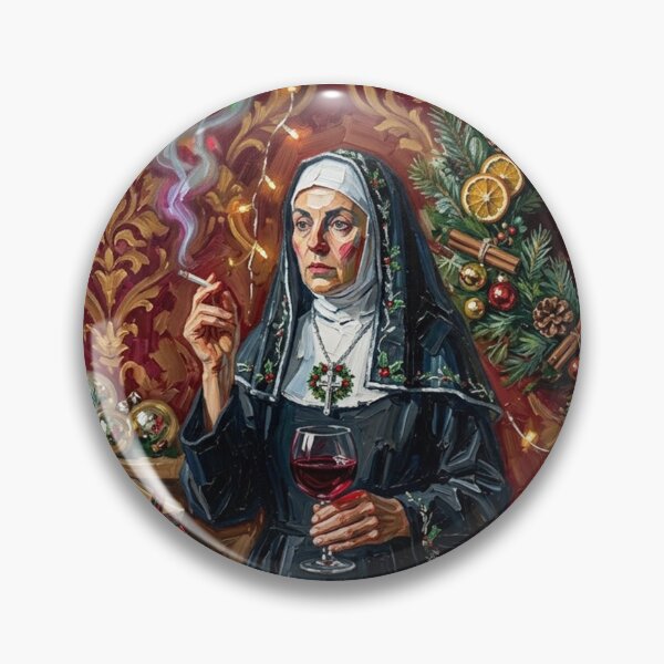 Item preview, Smoking Nun Drinking Red Wine - Vintage Christmas Oil Painting Art designed and sold by Silly Goose Party.