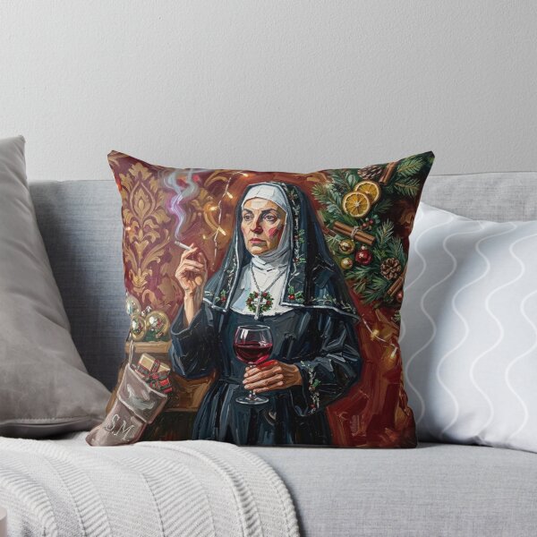 Item preview, Smoking Nun Drinking Red Wine - Vintage Christmas Oil Painting Art designed and sold by Silly Goose Party.