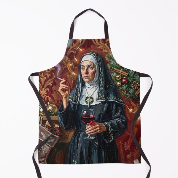 Item preview, Smoking Nun Drinking Red Wine - Vintage Christmas Oil Painting Art designed and sold by Silly Goose Party.