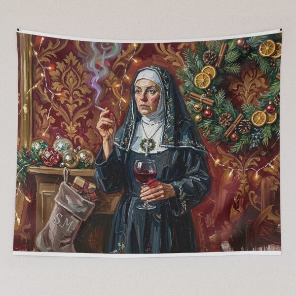 Item preview, Smoking Nun Drinking Red Wine - Vintage Christmas Oil Painting Art designed and sold by Silly Goose Party.