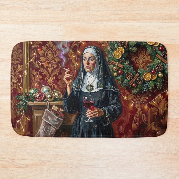 Item preview, Smoking Nun Drinking Red Wine - Vintage Christmas Oil Painting Art designed and sold by Silly Goose Party.
