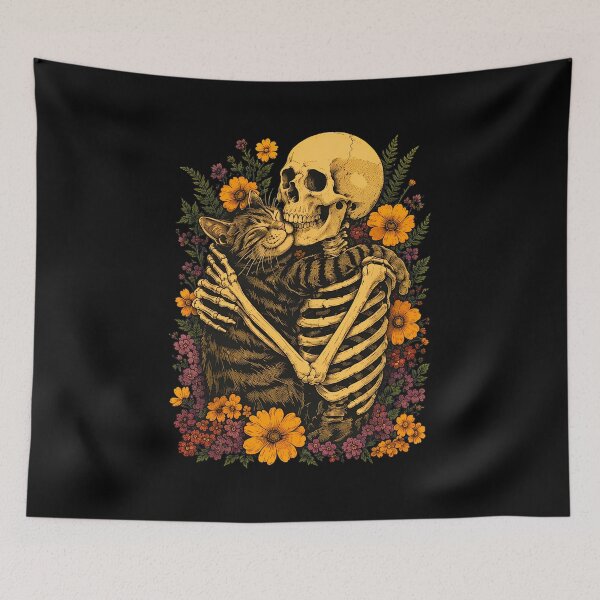 Item preview, Skeleton Cat Hug Floral Art designed and sold by OlyvieArt.