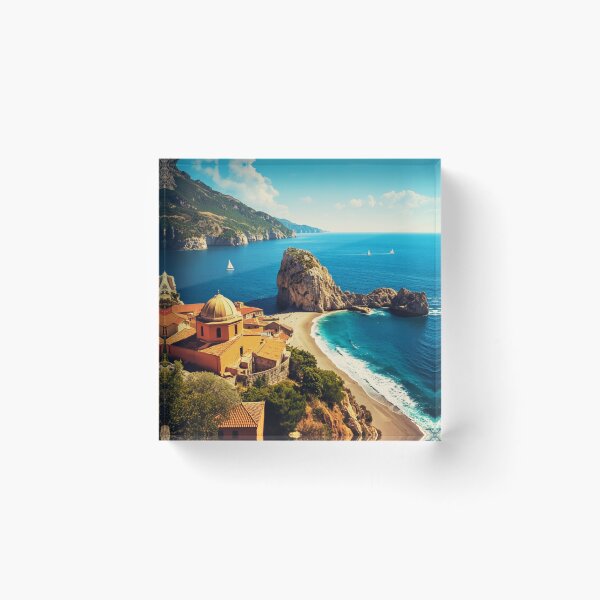 Item preview, Mediterranean Sea Stack Cove Coastal Chapel Landscape designed and sold by @SHINTOSARTSTORE.