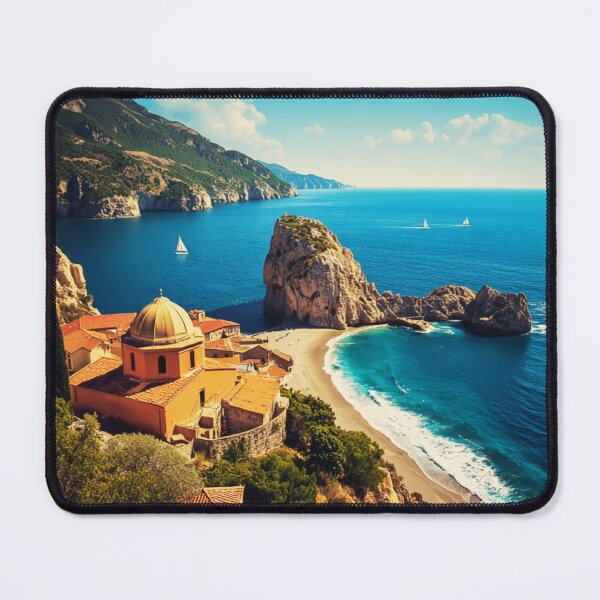 Item preview, Mediterranean Sea Stack Cove Coastal Chapel Landscape designed and sold by @SHINTOSARTSTORE.