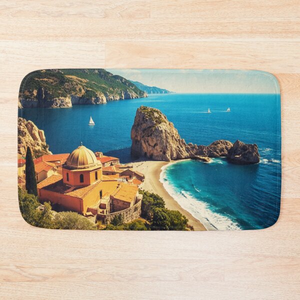 Item preview, Mediterranean Sea Stack Cove Coastal Chapel Landscape designed and sold by @SHINTOSARTSTORE.