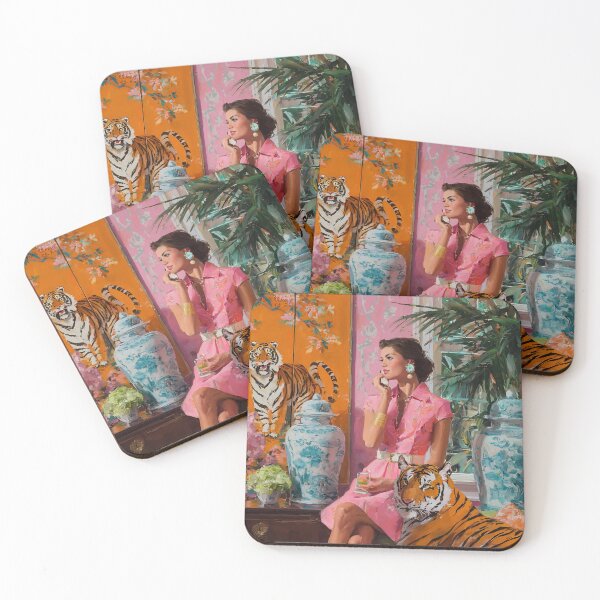Item preview, A woman and tiger in chinoiserie room,Grandmillennial art designed and sold by SophieClimaArt.